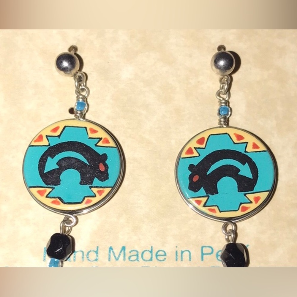 Mato Southwestern Native American Bear Arrow Blue Tribal Ethnic Geometric Dangle - Picture 7 of 16